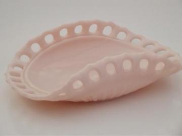vintage shell pink milk glass fruit bowl, open lace edge pattern glass