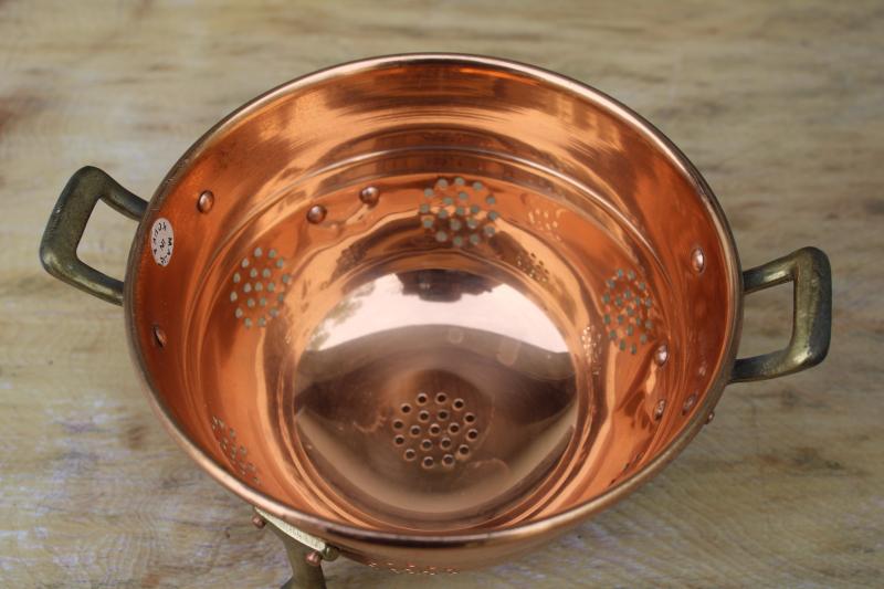 vintage shiny copper colander bowl w/ brass handles & feet, kitchen ...