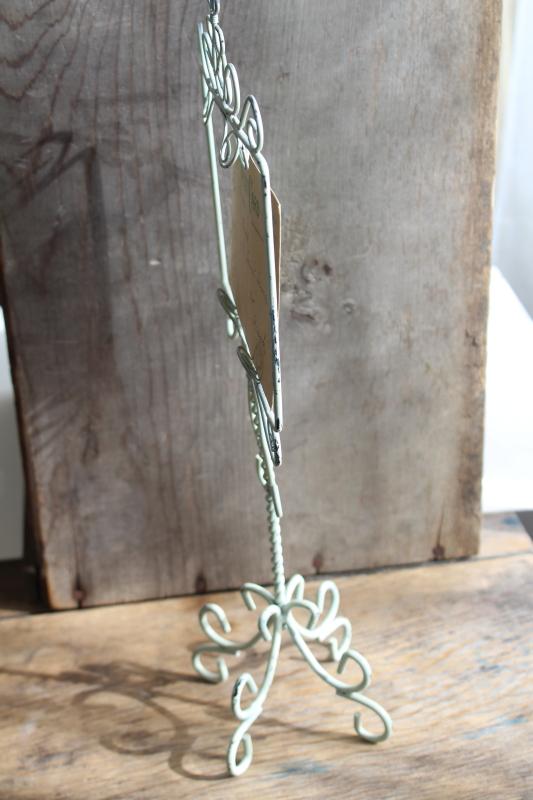 vintage shop display sign card holder, chippy mint green painted wire work stand