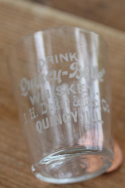 vintage shot glass liquor advertising Quincy Belle whiskey J H Duker Quincy Illinois