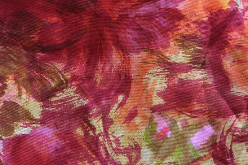 vintage silk fabric w/ watercolor style print in ruby red, orange, pink, gold