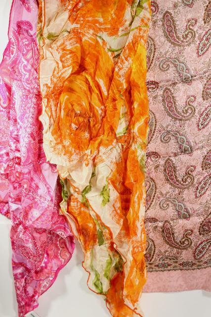 vintage silk scarf lot, 80+ pure silk scarves in all colors to wear or upcycle fabric