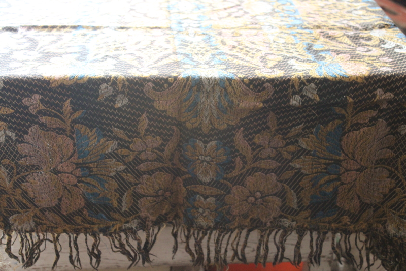 vintage silky rayon fringed brocade throw, shawl or tablecloth, jewel colors w/ black