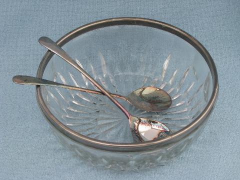 vintage silver band glass salad bowl, spoon & fork servers set, Italy