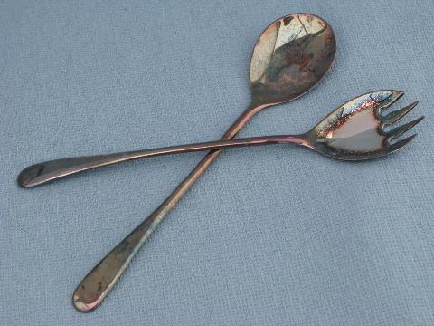 vintage silver band glass salad bowl, spoon & fork servers set, Italy