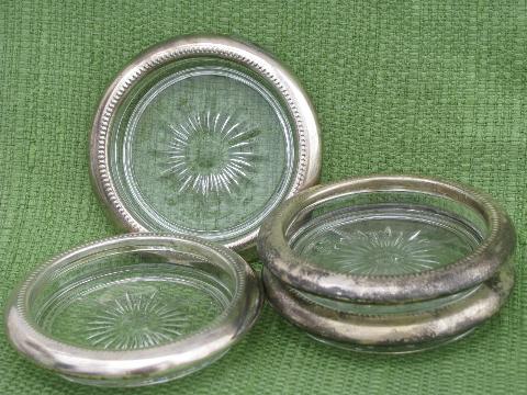vintage silver band glassware, large & small bowls, drink coasters
