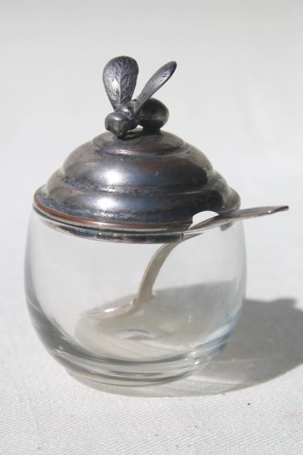 vintage silver bee honey jar w/ tiny spoon, glass jam pot w/ silver plated copper lid