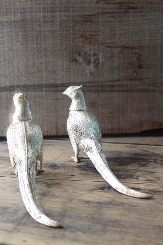 vintage silver cast metal pheasants, long tailed birds pair of salt & pepper shakers