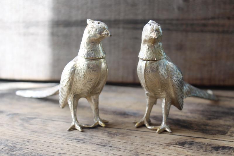 vintage silver cast metal pheasants, long tailed birds pair of salt & pepper shakers