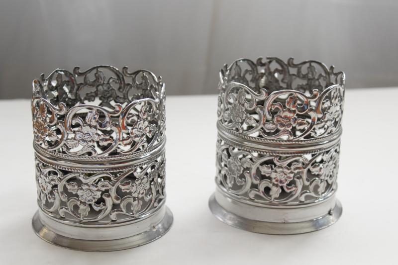 vintage silver chrome candle holders, handled candlesticks lantern pierced filigree