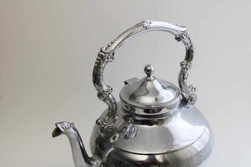 vintage silver chrome tea kettle teapot on stand, old fashioned English tea party decor