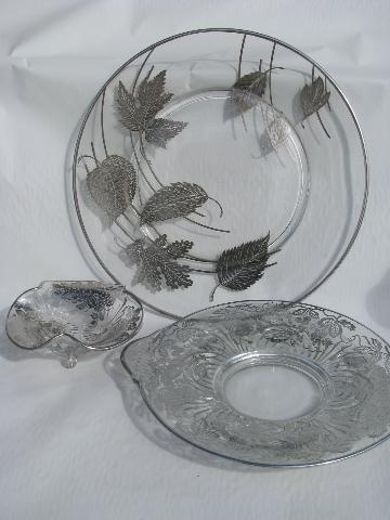 vintage silver deposit overlay glass, large cake plate, footed bowl