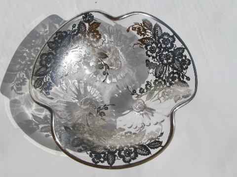 vintage silver deposit overlay glass, large cake plate, footed bowl