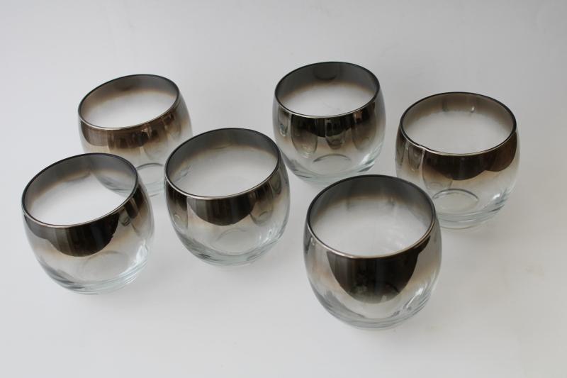 vintage silver fade luster roly poly drinking glasses, mid-century mod bar ware 