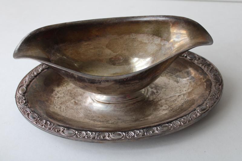 vintage silver gravy boat or sauce dish, double spout shape w/ attached plate