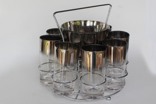 vintage silver ombre color fade drinking glasses, ice bucket cocktail set in caddy