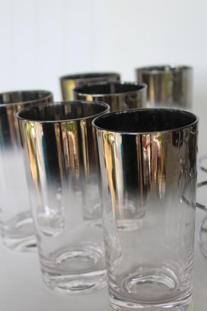 vintage silver ombre color fade drinking glasses, ice bucket cocktail set in caddy