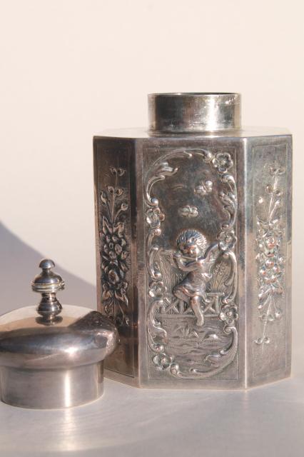 vintage silver over copper tea caddy, onion dome ginger jar canister w/ European hallmarks