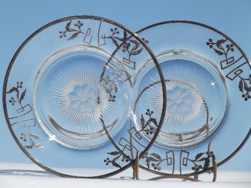 vintage silver overlay glass, art deco silver deposit glass plates