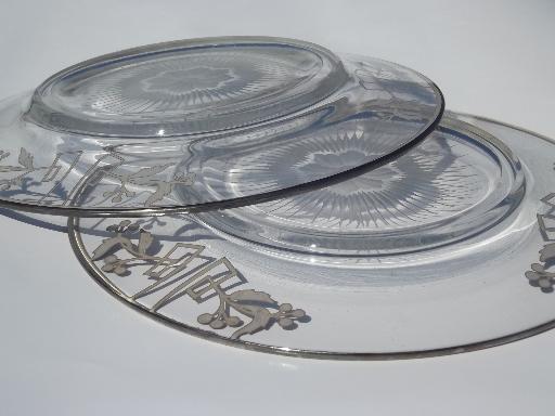 vintage silver overlay glass, art deco silver deposit glass plates