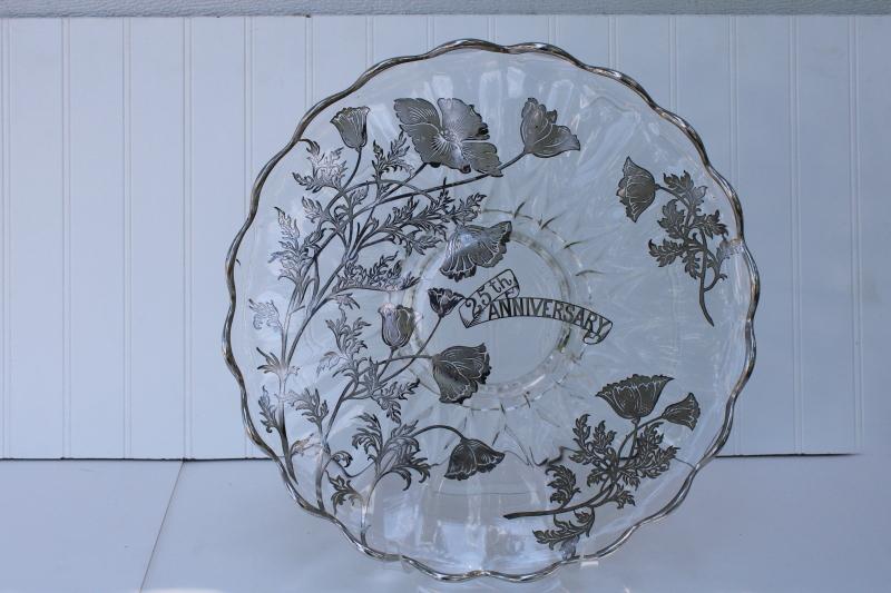 vintage silver overlay glass cake plate, large round tray poppies 25th anniversary