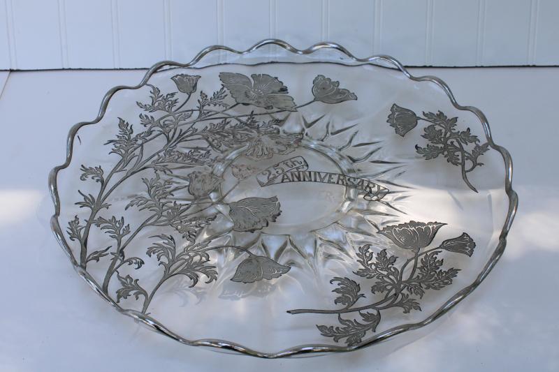 vintage silver overlay glass cake plate, large round tray poppies 25th anniversary