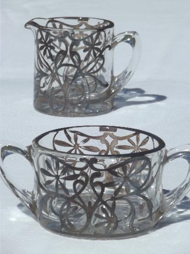 vintage silver overlay glass creamer & sugar set, cream pitcher & bowl 