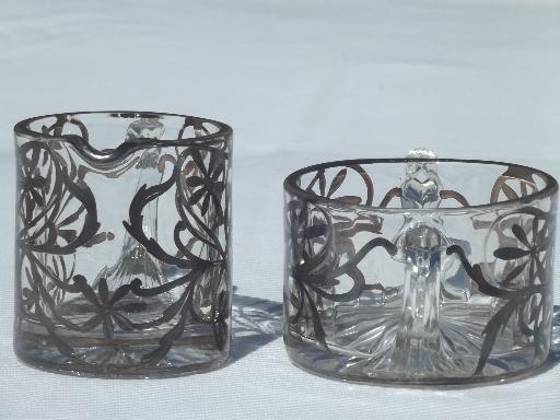 vintage silver overlay glass creamer & sugar set, cream pitcher & bowl 