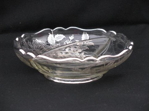 vintage silver overlay glass, floral pattern large round plate & divided bowl