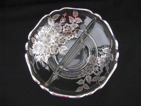 vintage silver overlay glass, floral pattern large round plate & divided bowl