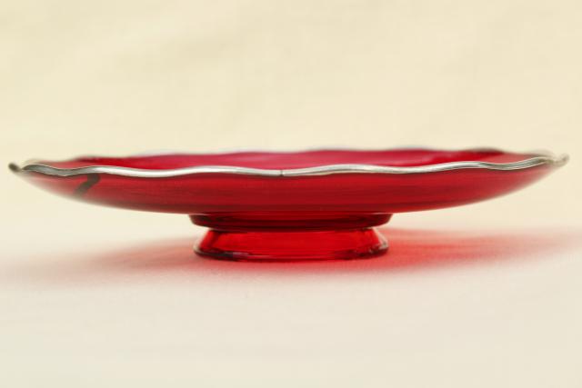 vintage silver overlay or silver deposit glass bowl, ruby red candy dish