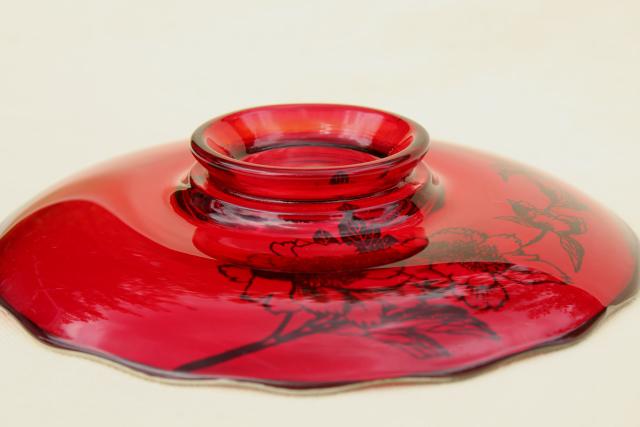 vintage silver overlay or silver deposit glass bowl, ruby red candy dish
