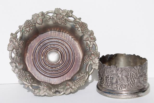 vintage silver pewter wine bottle coasters w/ embossed grapes, for large & small wine bottles