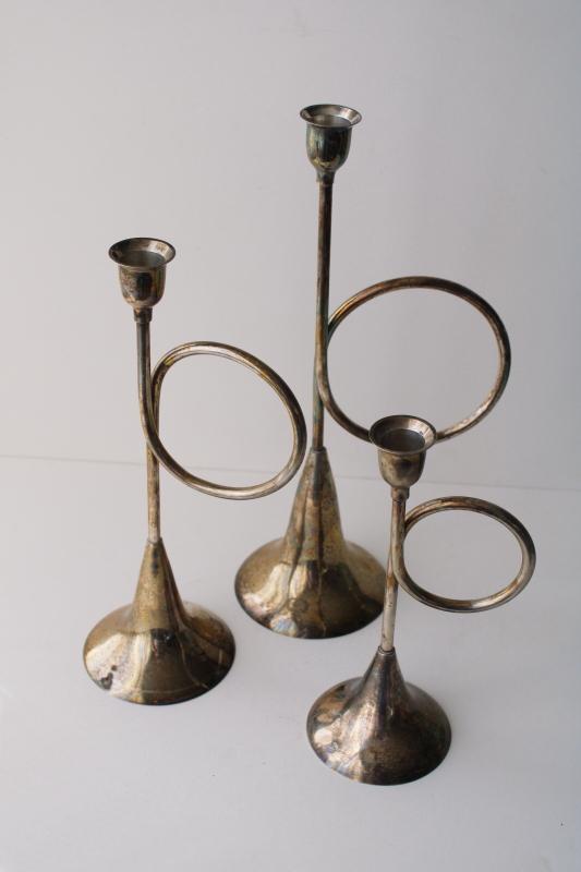 vintage silver plate brass trumpet horn candle holders, trio set of candlesticks