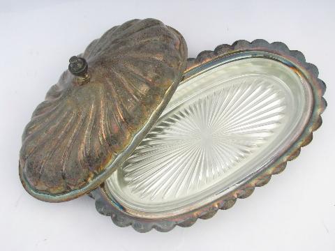 vintage silver plate, covered butter dish w/ glass liner butter plate