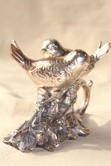 vintage silver plate figural birds on a branch cast metal salt and pepper shakers set