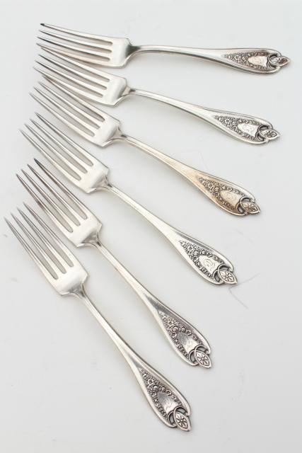 vintage silver plate flatware, antique Old Colony forks w/ ornate engraved monogram letter T
