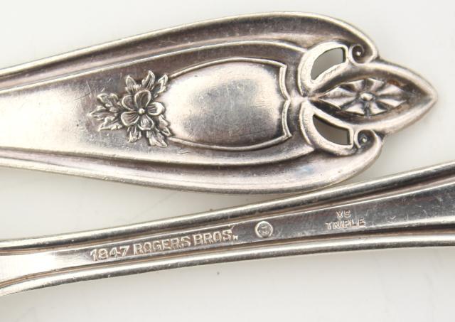 vintage silver plate flatware, antique Old Colony forks w/ ornate engraved monogram letter T