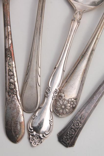vintage silver plate flatware, collection of mismatched spoons, antique silverware