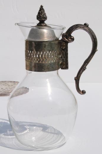 vintage silver plate glass bottle coffee carafe & silver and glass trivet
