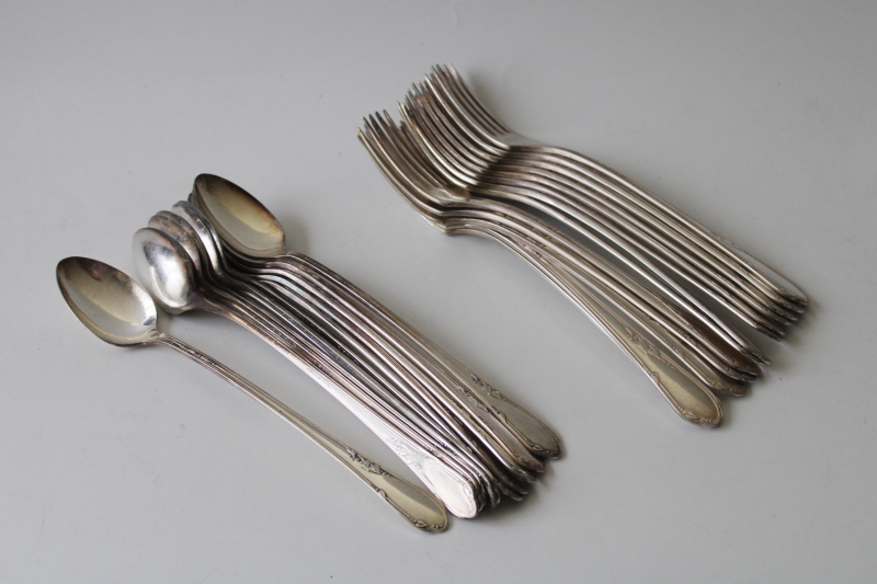 vintage silver plate grille forks iced tea spoons Meadowbrook Heather, art deco flatware