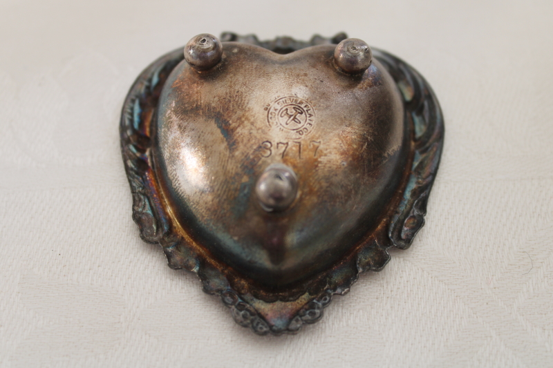 vintage silver plate heart shaped ring dish or tiny trinket dish, tarnished silver