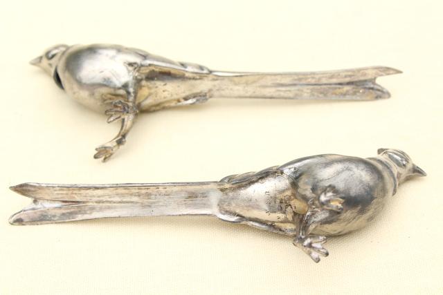 vintage silver plate pheasants, long tailed birds pair of salt & pepper shakers