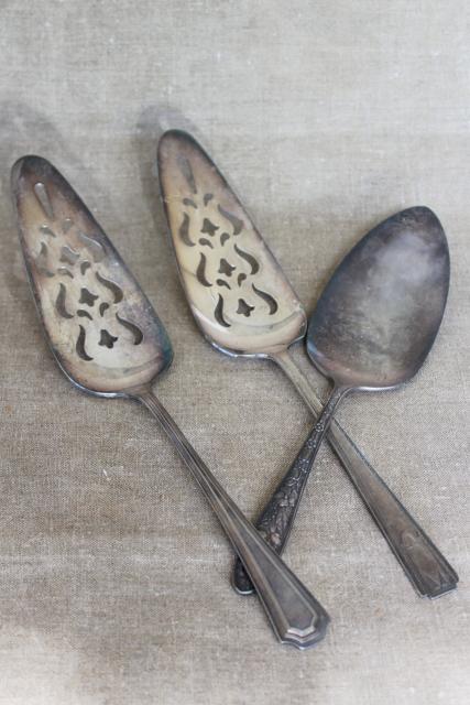 vintage silver plate pie or cake servers, mismatched silverware serving pieces