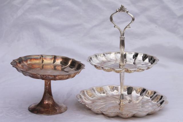 vintage silver plate serving pieces, candy dish & two tiered plate dessert tray 