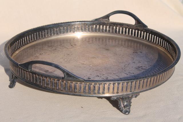 vintage silver plate serving tray, round plateau, footed tray w/ gallery rail rim