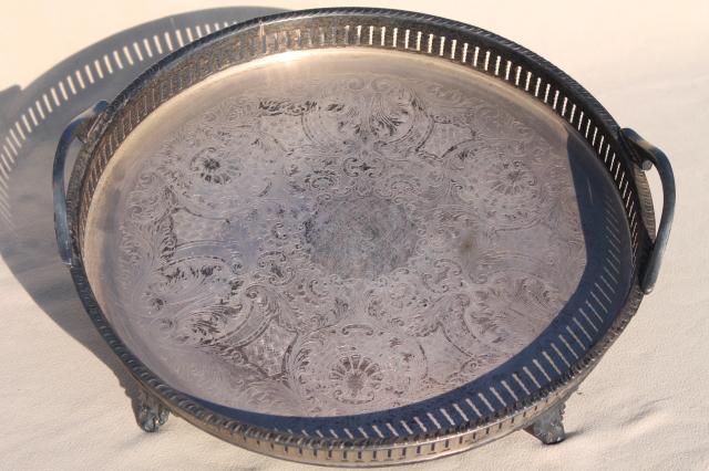 vintage silver plate serving tray, round plateau, footed tray w/ gallery rail rim