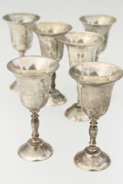 vintage silver plate wine glasses, set of 6 small goblets w/ tarnished patina