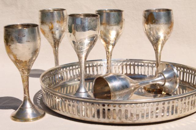 vintage silver plated brass goblets set, six tiny wine glasses & tray