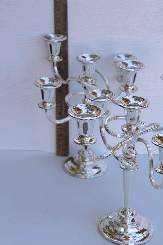 vintage silver plated candelabra, five light candle holder pair, tall candlesticks w/ scroll arms